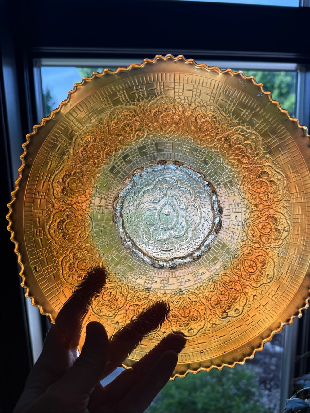 Peach carnival glass bowl